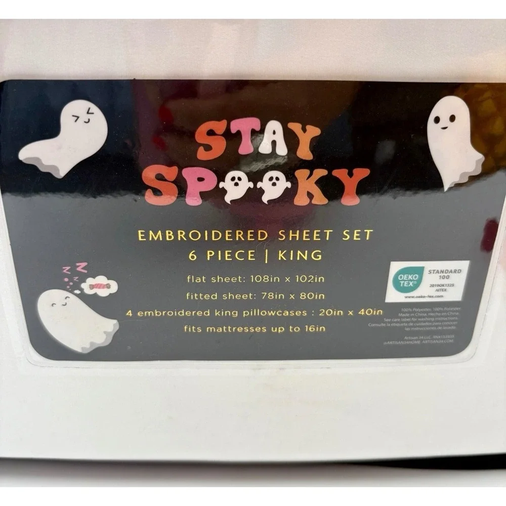 Artisan Home King Size‎ 6 Piece Embroidered Sheet Set White Ghost Halloween